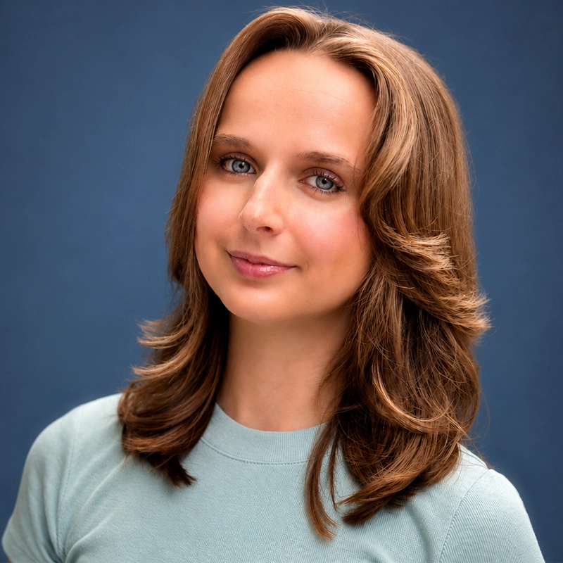 A young woman with shoulder-length, wavy light brown hair smiles slightly. She is wearing a light blue t-shirt and stands in front of a plain, dark blue background. Her expression is calm and friendly, with soft natural lighting highlighting her face.