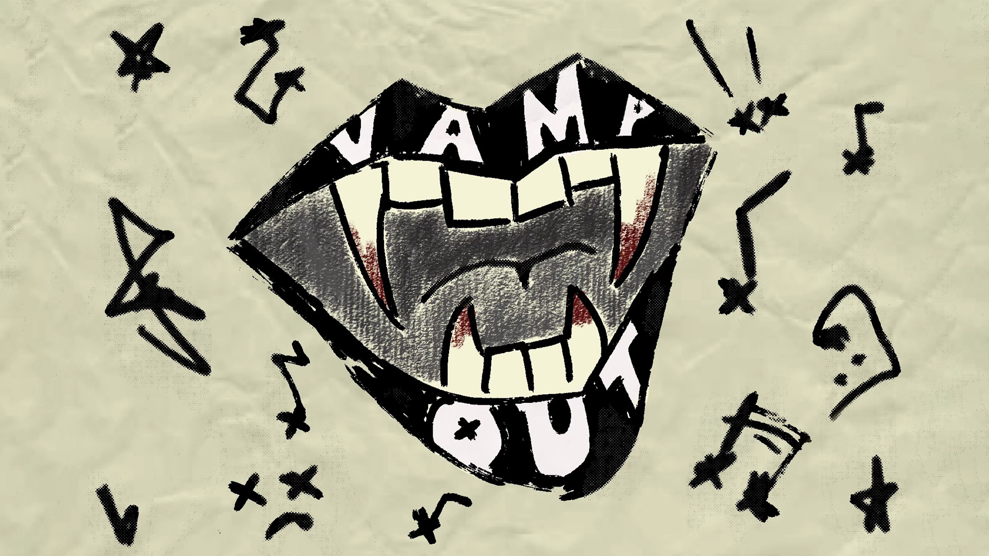Vamp Out site image 27 Cartoon vampire mouth with sharp fangs, dark lips, and the words “VAMP OUT” inside—channeling serious Anti-Album energy. The light beige background features black scribbles, stars, and abstract shapes scattered around the central graphic, evoking the vibe of a Release Concert poster. Total characters: 230.