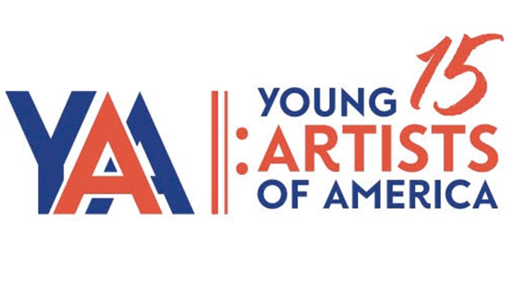 A logo featuring bold blue and orange “YAA” letters, representing Young Artists of America, with “15” handwritten in orange above “YOUNG ARTISTS OF AMERICA NYC” in blue and orange capital letters on a white background.