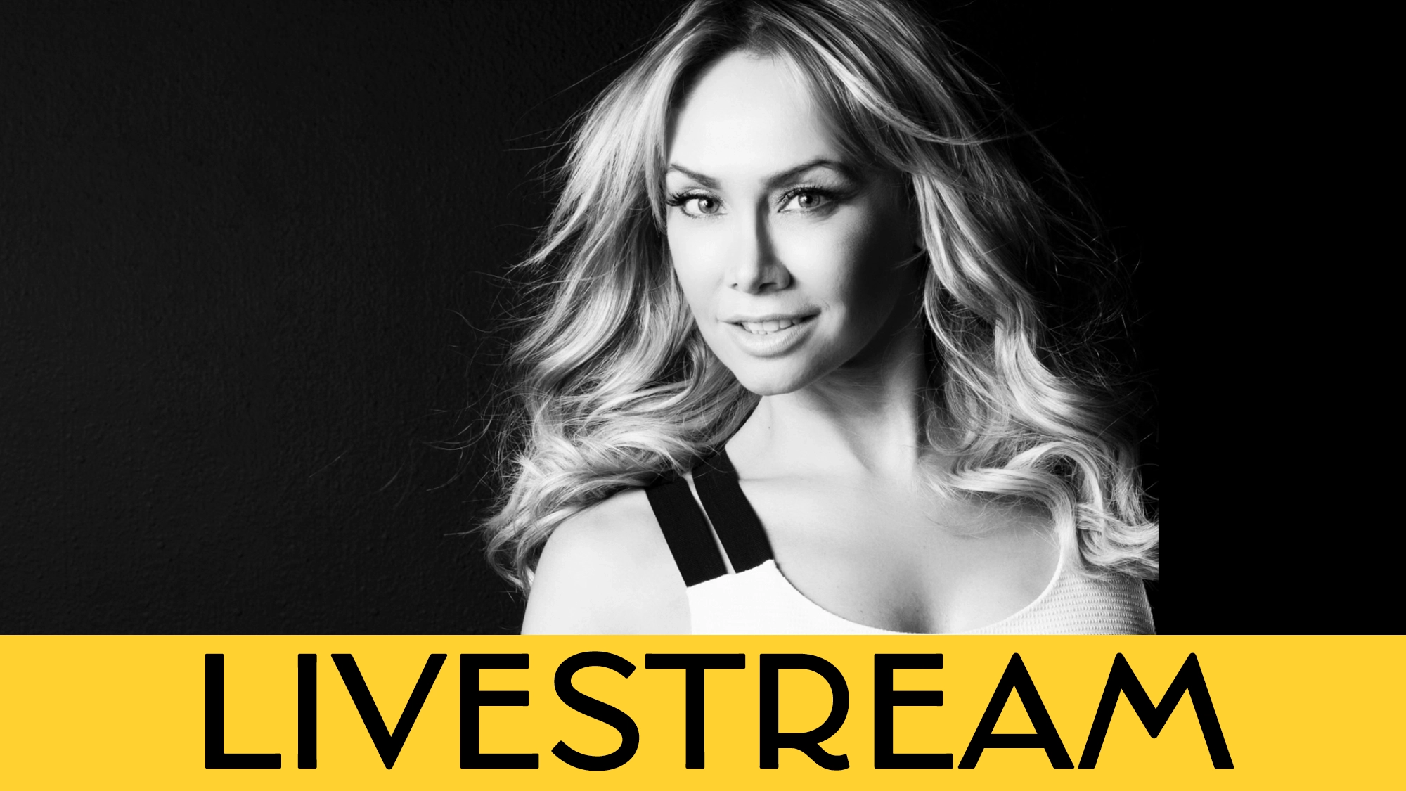 A smiling woman with long, wavy blonde hair poses confidently against a black background. She wears a light tank top with dark straps. A bold yellow banner at the bottom reads “LIVESTREAM” in large black letters, highlighting Kym Johnson as she shares her inspiring story behind “What I Did For Love.”.