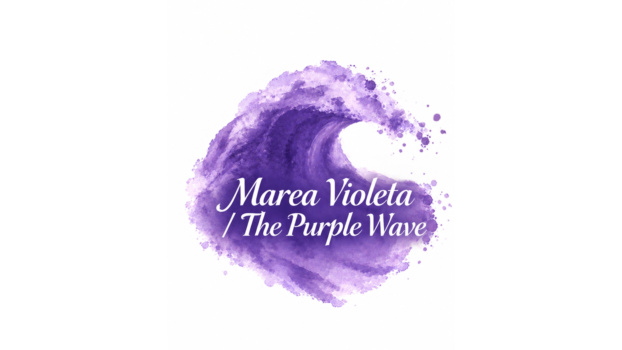 Marea Violeta - Site Image A watercolor illustration of a purple ocean wave with splashes on a white background. Overlaid text reads “Marea Violeta / The Purple Wave, Volume 2” in elegant white cursive font, centered on the wave.