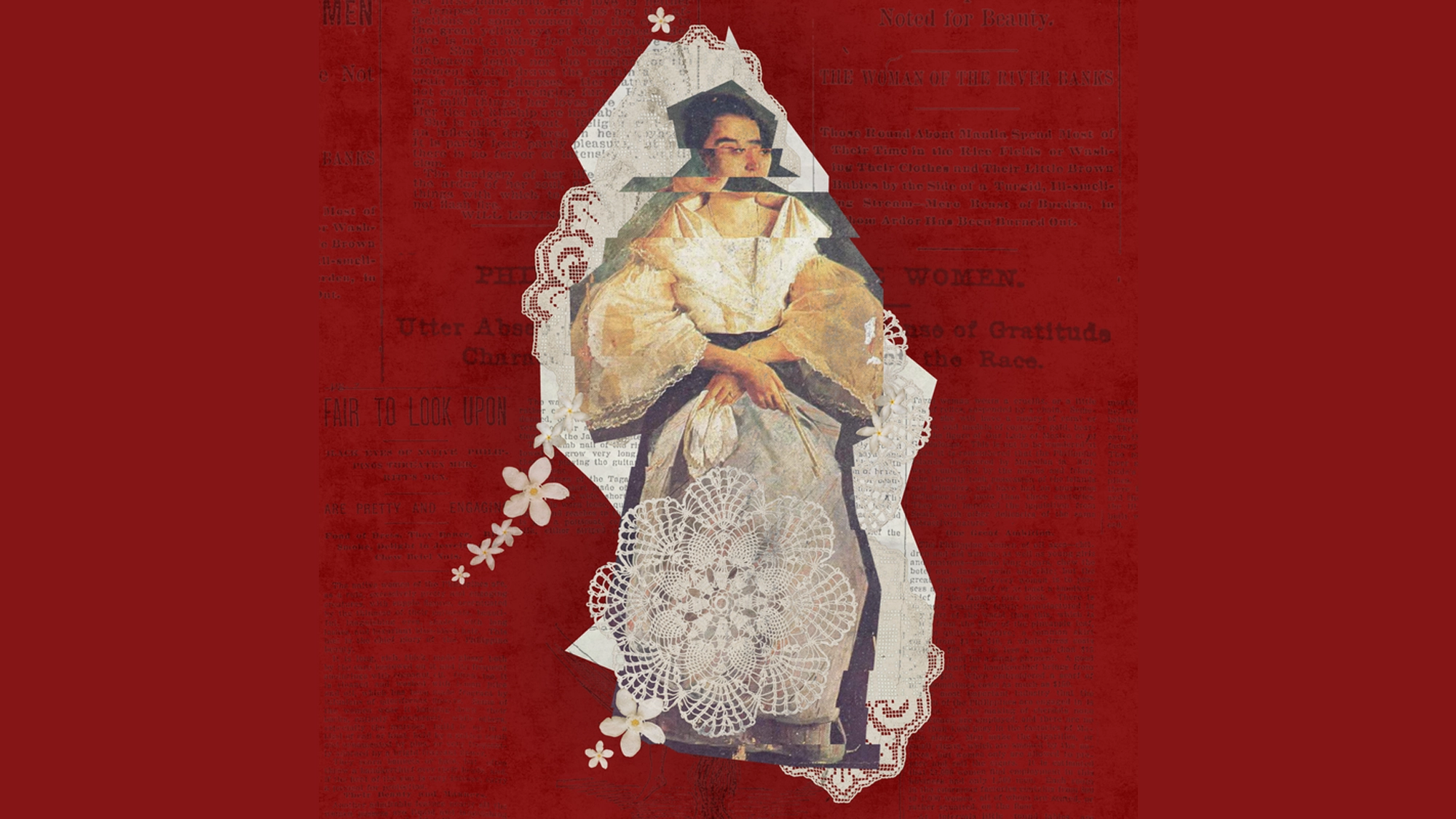 A collage of a Filipina woman in vintage clothing and a cap, sitting with hands clasped, is overlaid with lace and flower patterns on a red background with faint, layered text in the backdrop. The woman appears formal and composed, blending old-fashioned elegance and texture, reminiscent of scenes from a new musical featuring an all-star cast.