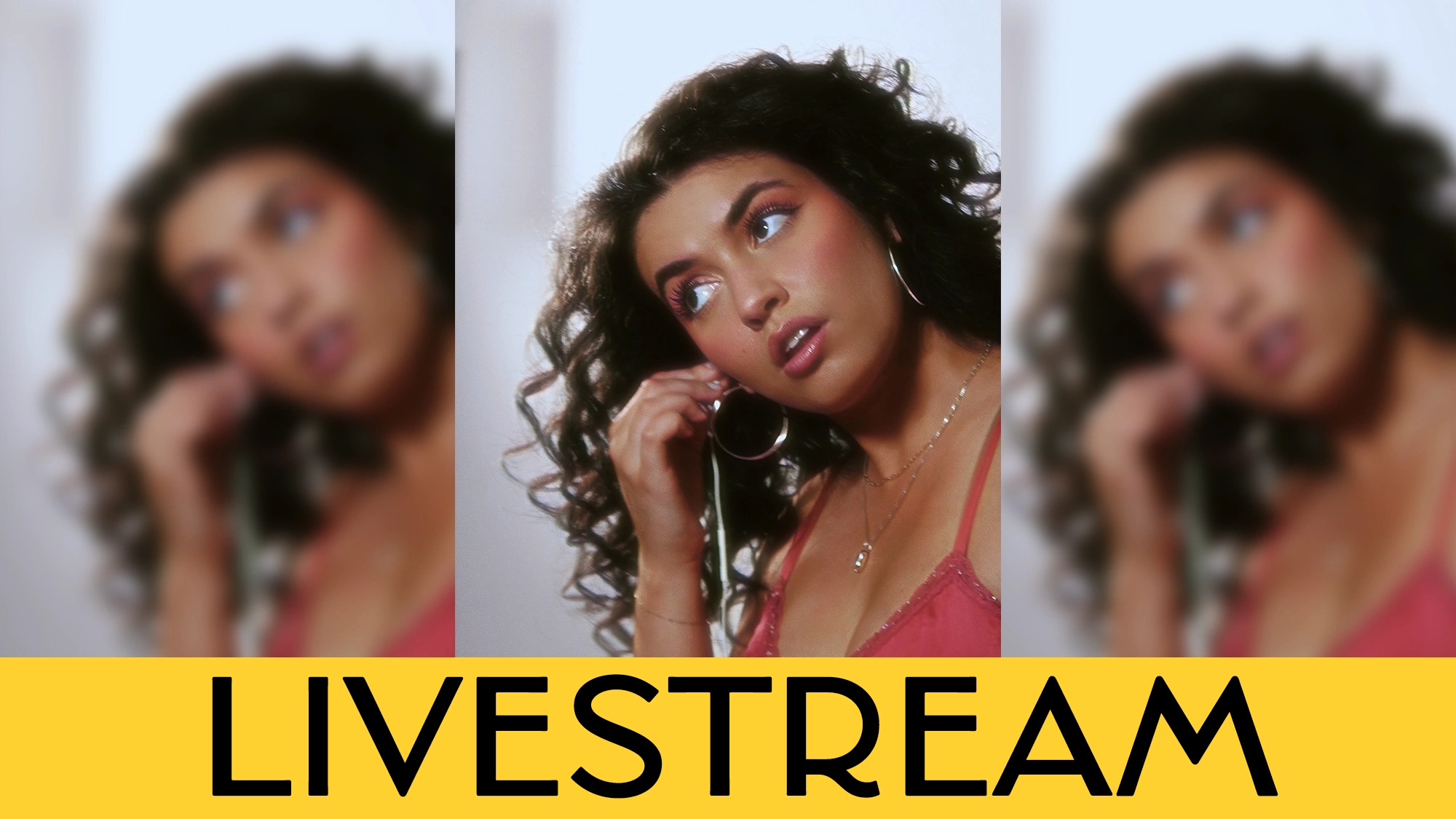 A woman with curly hair and hoop earrings adjusts an earpiece. She wears a pink top and looks off camera. The image is mirrored on both sides, with “LIVESTREAM” in bold black letters on a yellow banner at the bottom—perhaps she’s getting ready to go live, just like Sara Al-Bazali in her “Wait For It” livestream sessions.