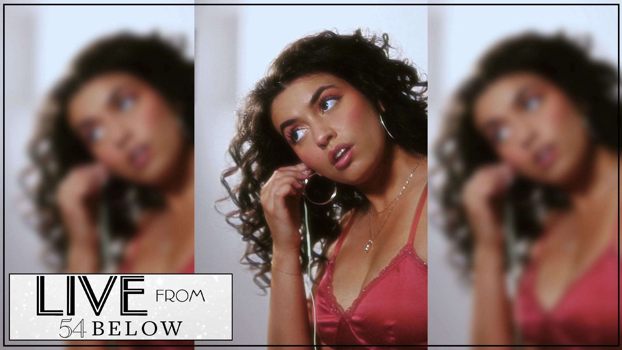 A woman with curly hair and hoop earrings in a pink top adjusts an earpiece, looking thoughtfully to the side. The image is artistically blurred at the edges. A box at the bottom left reads “LIVE FROM 54 BELOW” in bold, modern text—hinting at a special LIVESTREAM event featuring Sara Al-Bazali and her powerful rendition of “Wait For It.”.