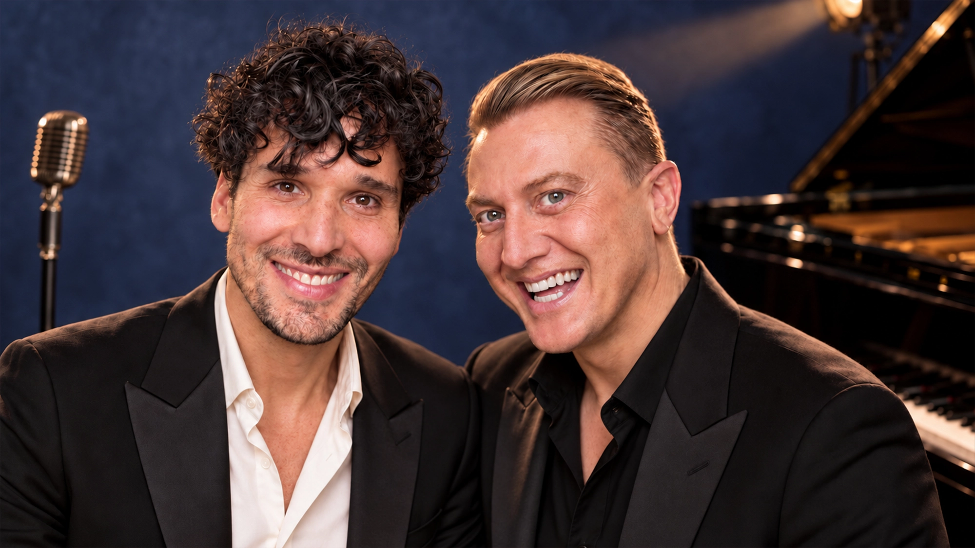 Two smiling men, a Piano Duo, sit close together in black tuxedos before a piano and vintage microphone. The man on the left has curly dark hair; the one on the right, a blonde Tenor. A spotlight glows behind against a dark blue background.