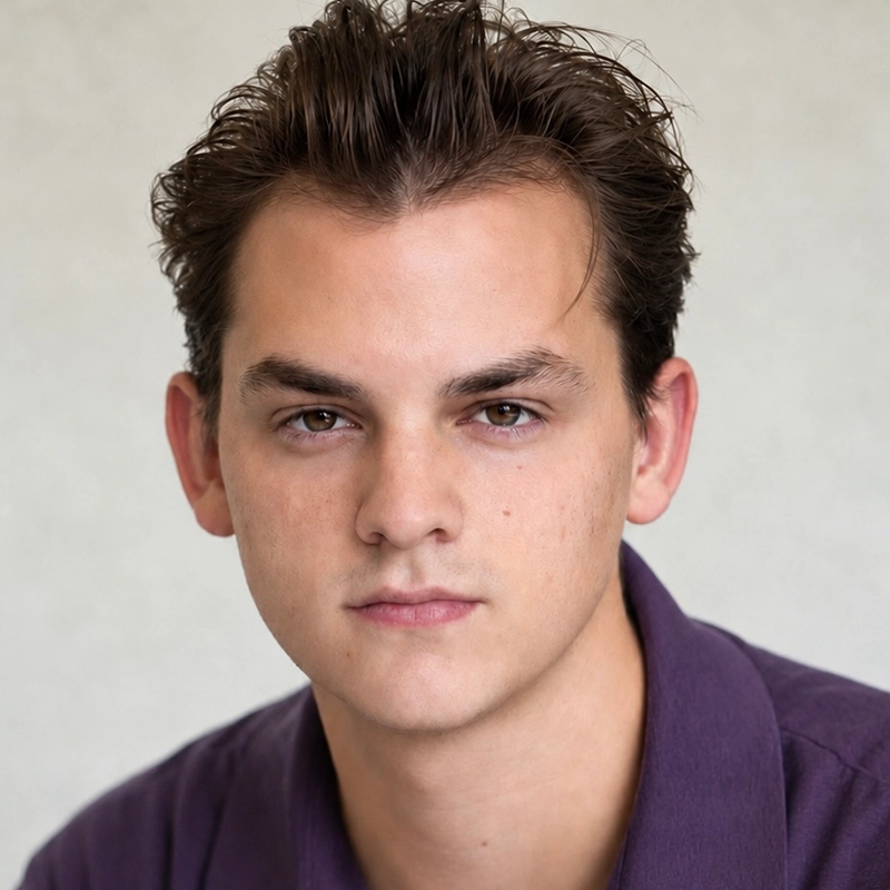 A young man with light skin, short brown tousled hair, and hazel eyes stares seriously at the camera. Jonathan Uber wears a purple collared shirt and is posed in front of a light, neutral background.