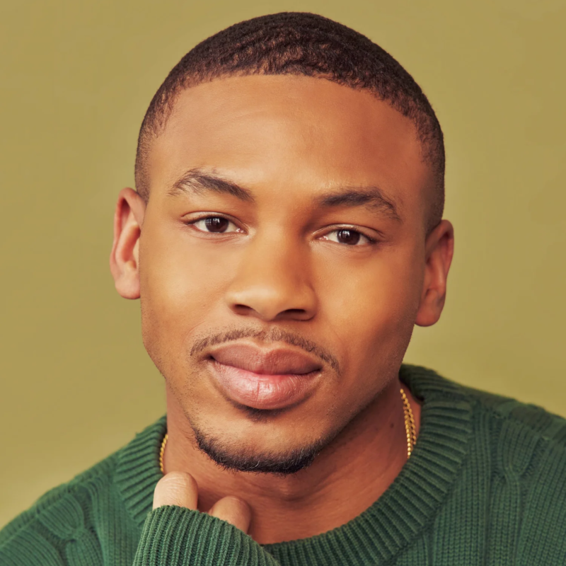 A man with short hair and a goatee gazes forward. He wears a green crew-neck sweater and a gold chain necklace.