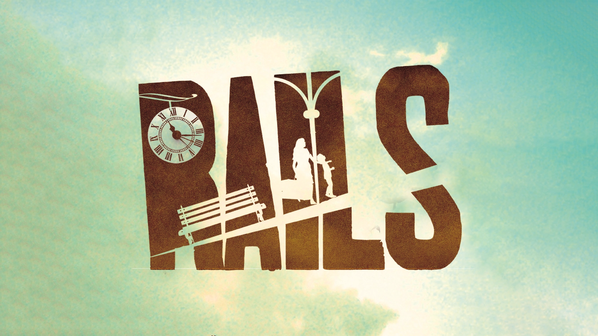 Rails - Site Image The word “RAILS” by Tom Kenaston is written in large, dark brown letters against a soft, light blue sky. The letters incorporate white silhouettes of a clock, a park bench, and a woman standing with a child beneath a lamppost.