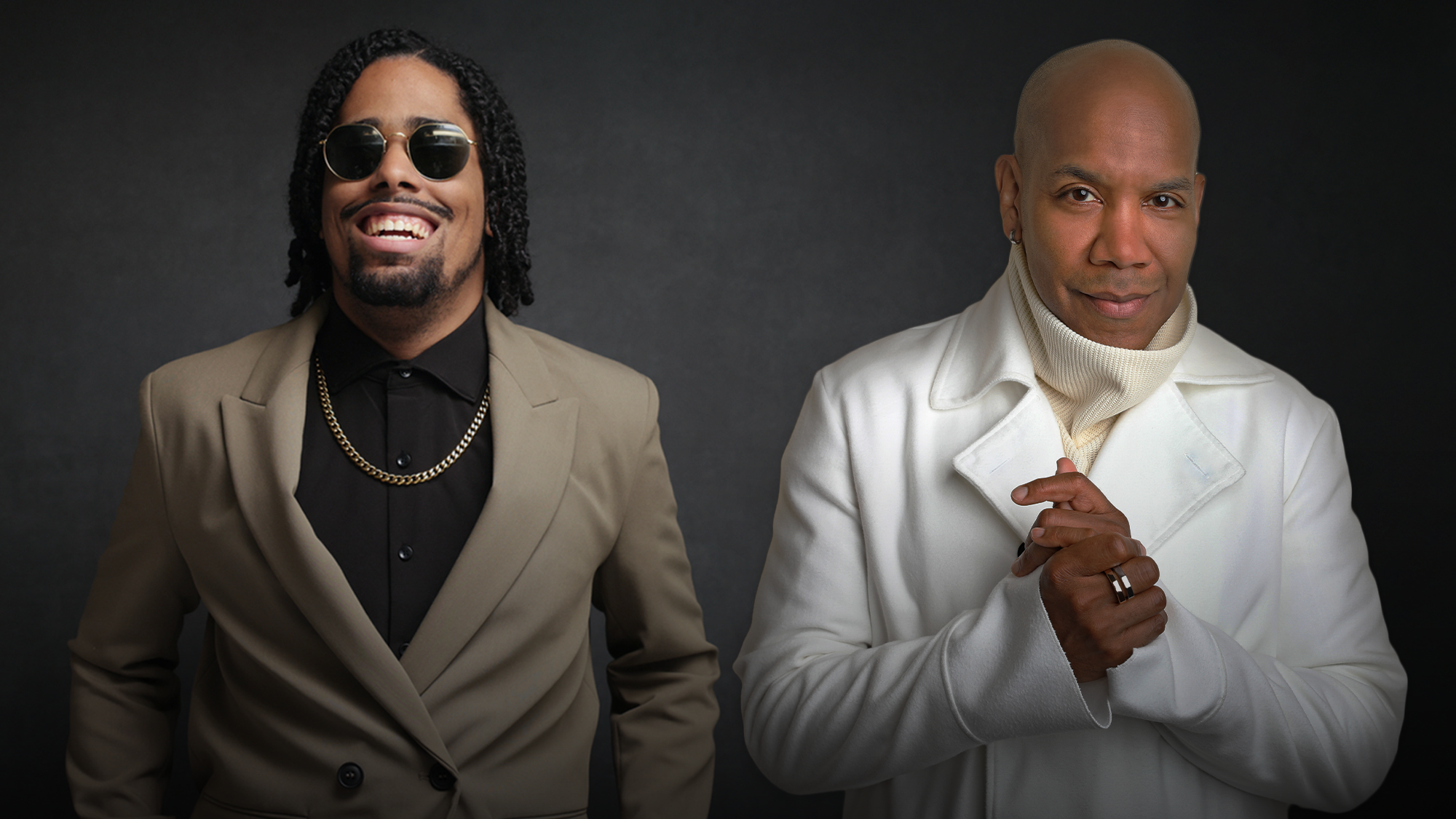 Darius de Haas, on the left, wears a beige blazer over a black shirt with a gold chain and sunglasses. Beside him, Matthew Whitaker is a bald man wearing a white high-neck sweater and a white coat with his hands clasped in front of him against a dark background.